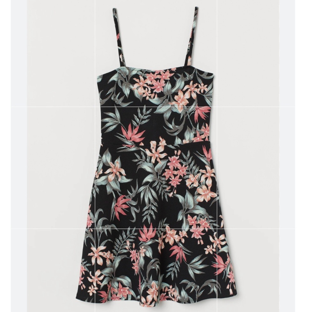 H&M Floral Leaf Print Black Mini Dress Size 8